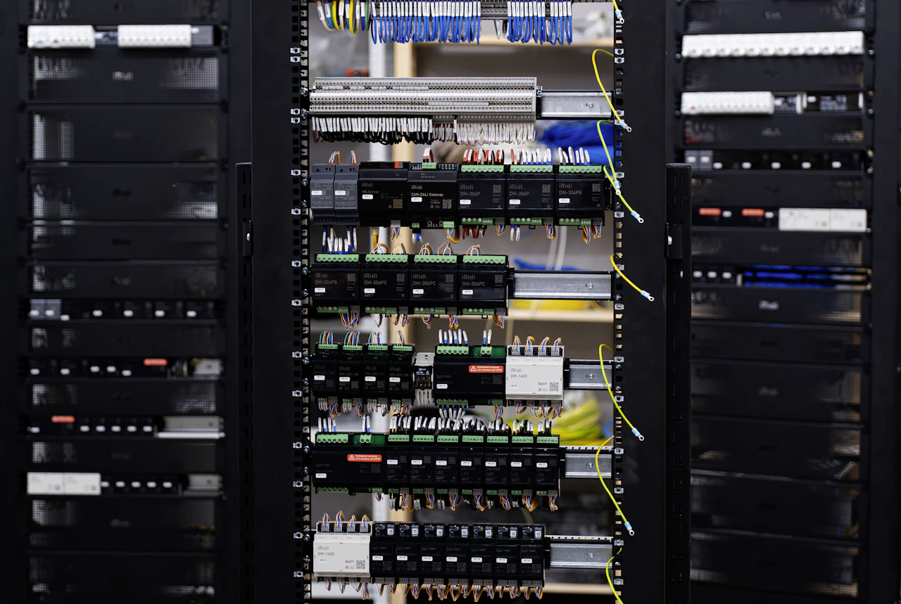 Interno di un quadro elettrico di automazione con moduli cablati su guida DIN