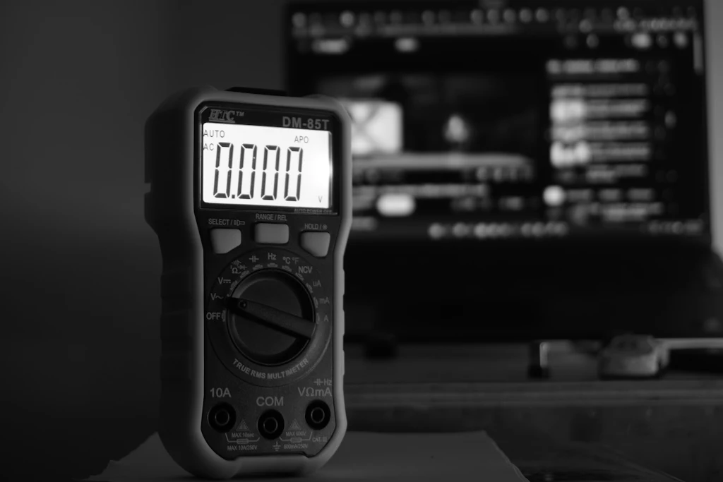 Multimetro digitale in primo piano su fondo scuro