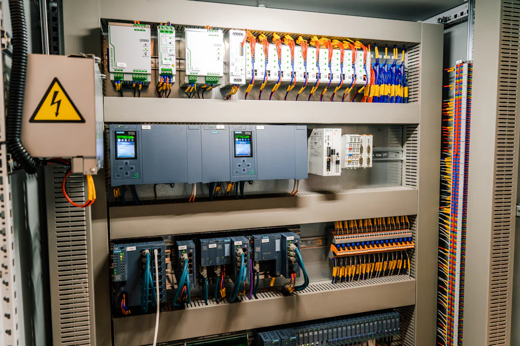 Quadro di automazione aperto con alimentatori, controllori PLC, moduli di rete e morsettiere